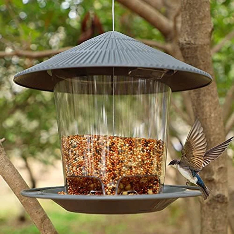 Wild Bird Feeder Outdoor Squirrel Proof Hanging Feeder With Round Roof Grey