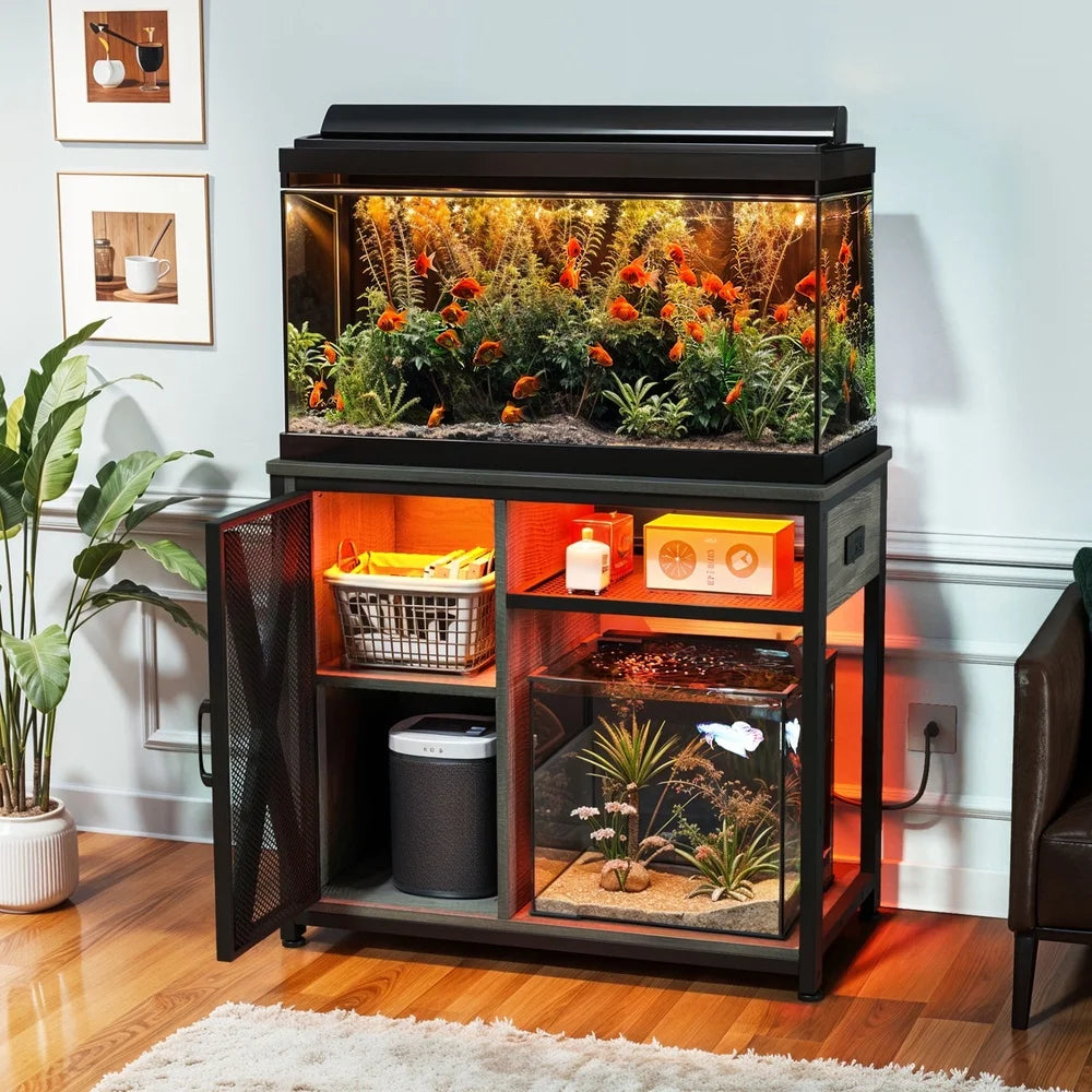 Metal Aquarium Stand With RGB Lighting And Built In Power Outlets For 40 To 50 Gallon Tanks Black Gray Storage Cabinet