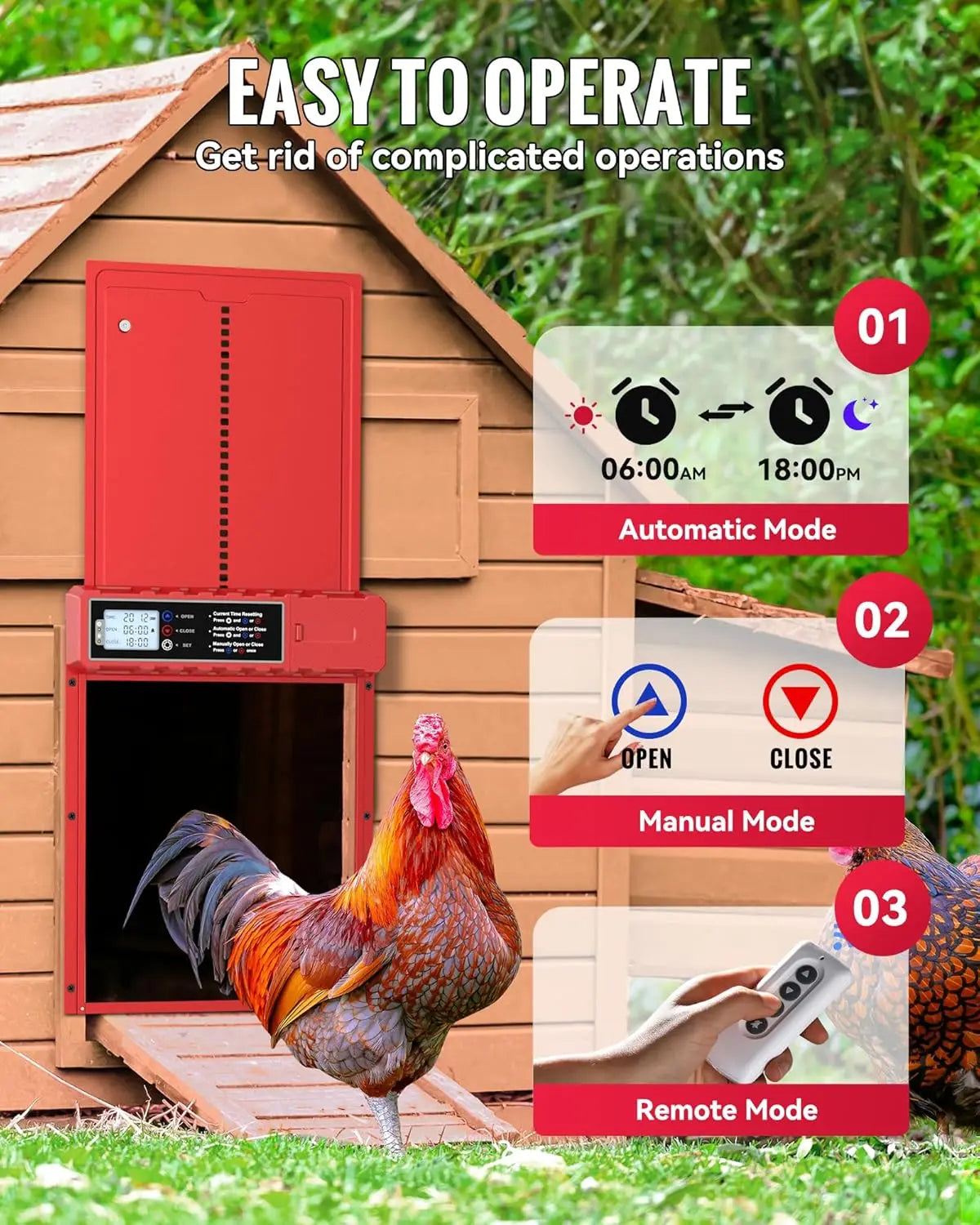 Automatic Chicken Coop Door Solar Powered with XL Large Size 10.8″x 14.2″ Red Auto Chicken Door Design with USB-C Charging