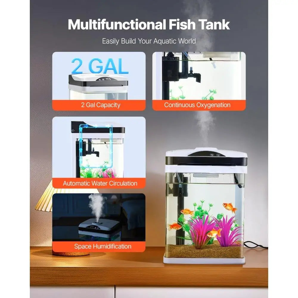 2 Gallon Smart Aquarium Fish Tank Clear Glass Self Cleaning With 7 Color Lighting System