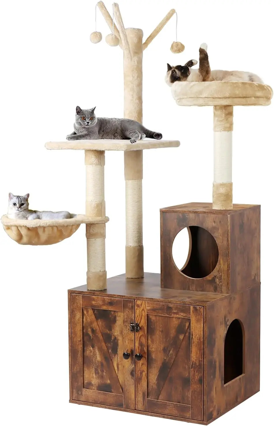 Litter Box Enclosure with Cat Tree and Wooden Furniture