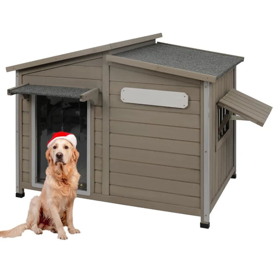 Dog House Outdoor Weatherproof Large Wooden Dog Kennel Indoor with Chew-Proof Iron Frame Removable Floor