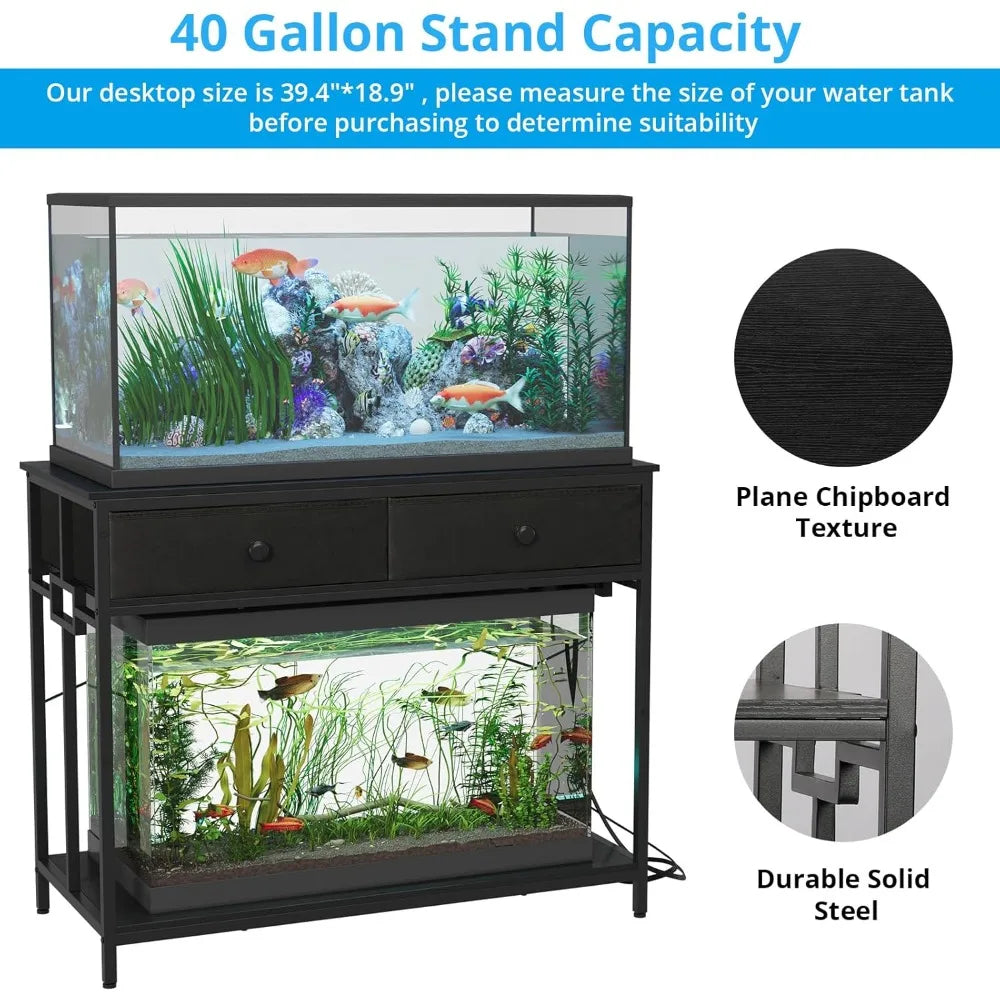 VOWNER 40 Gallon Aquarium Stand With Power Outlet Metal Frame Cabinet Storage