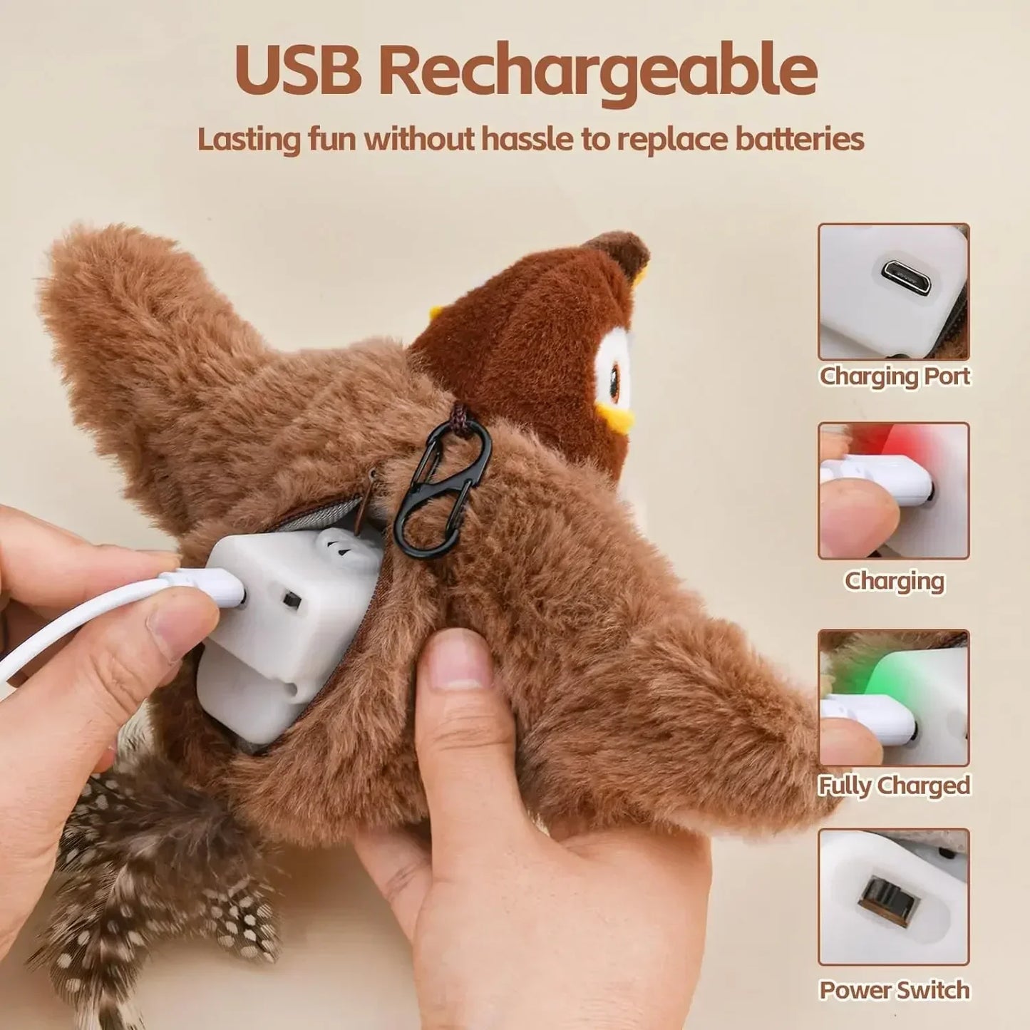 Bird-Shaped Cat Toy Interactive Toys Dog Rechargeable Chirping Flapping Bird Catnip Touch Activated Squeak Plush Toy Pet