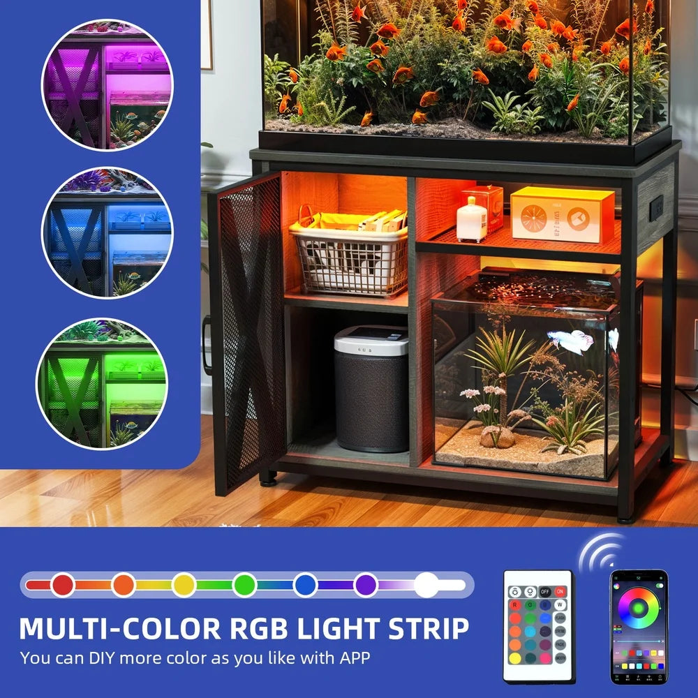 Metal Aquarium Stand With RGB Lighting And Built In Power Outlets For 40 To 50 Gallon Tanks Black Gray Storage Cabinet