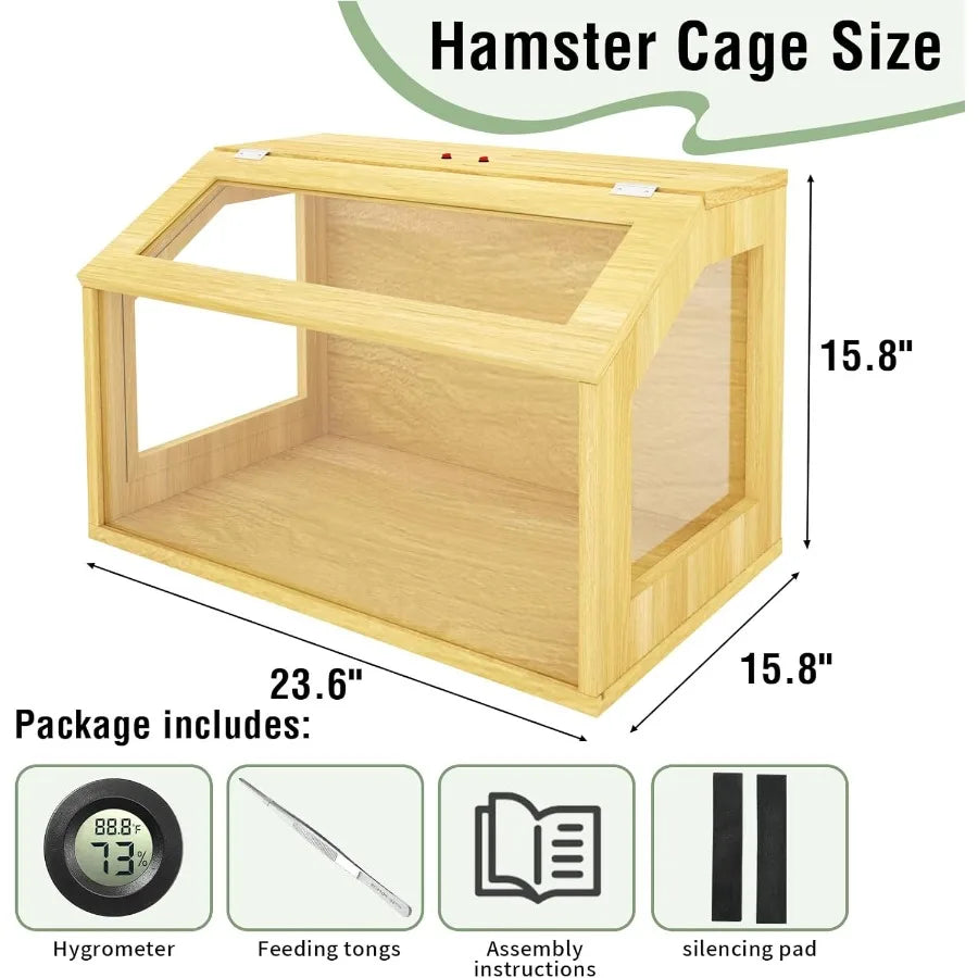 24" Wooden Hamster Cage Chewproof Gerbil Cages and Habitats Openable Top Roof Window with Silencing Pad Guinea Pig Cage for Sma