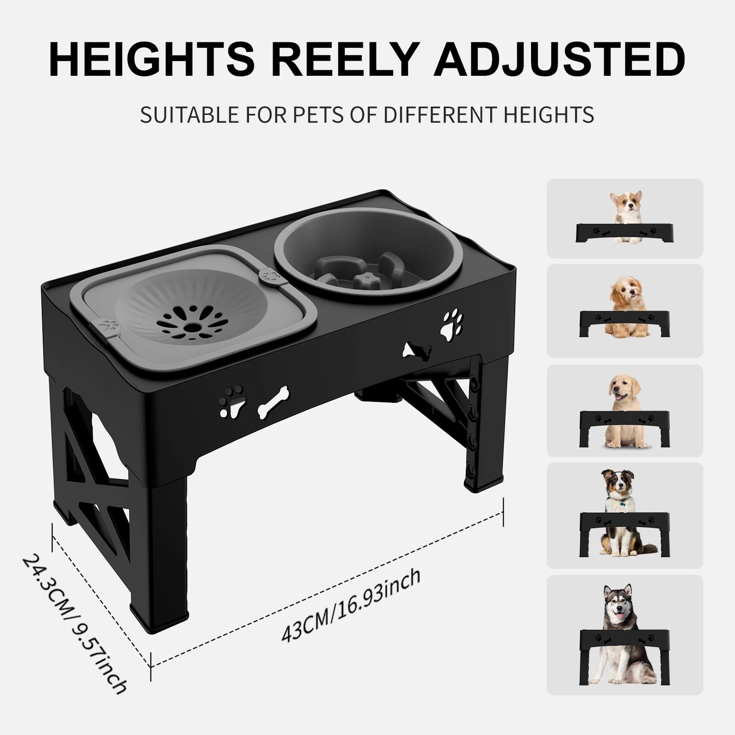 3 In 1 Pet Feeder Slow Feed Bowls Double Bowls Foldable With 5 Adjustable Heights For Pets Of Different Sizes