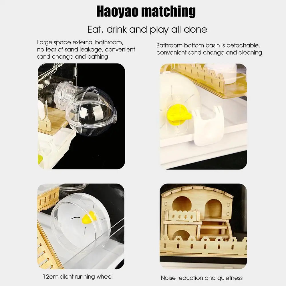 Acrylic Hamster Cage Wooden Small Animal Cage Accessories 2-Layer Small Pet Breathable House For Dwarf Hamsters Mice Gerbils