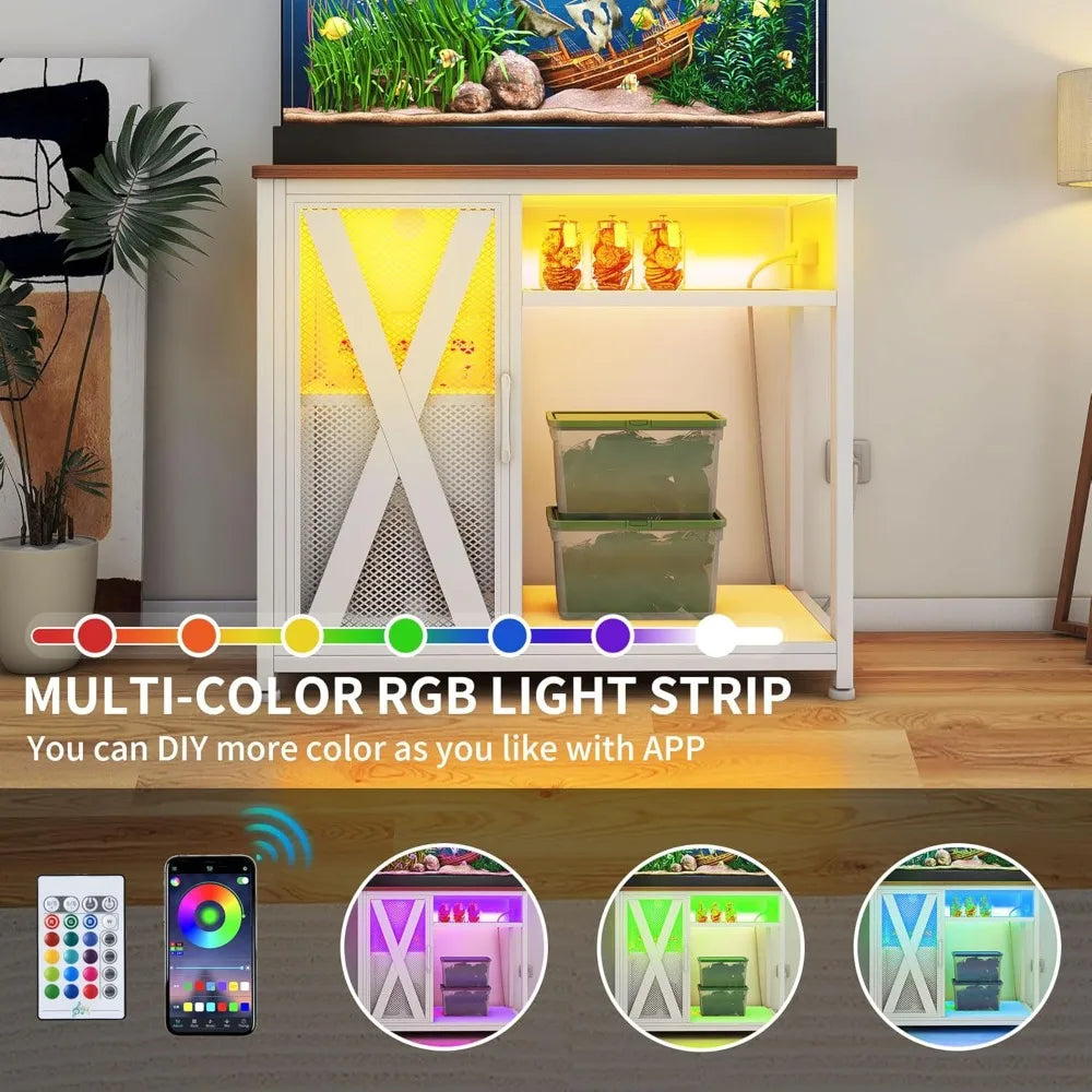 40 To 50 Gallon Aquarium Stand With Power Outlets And Cabinet Storage LED Light