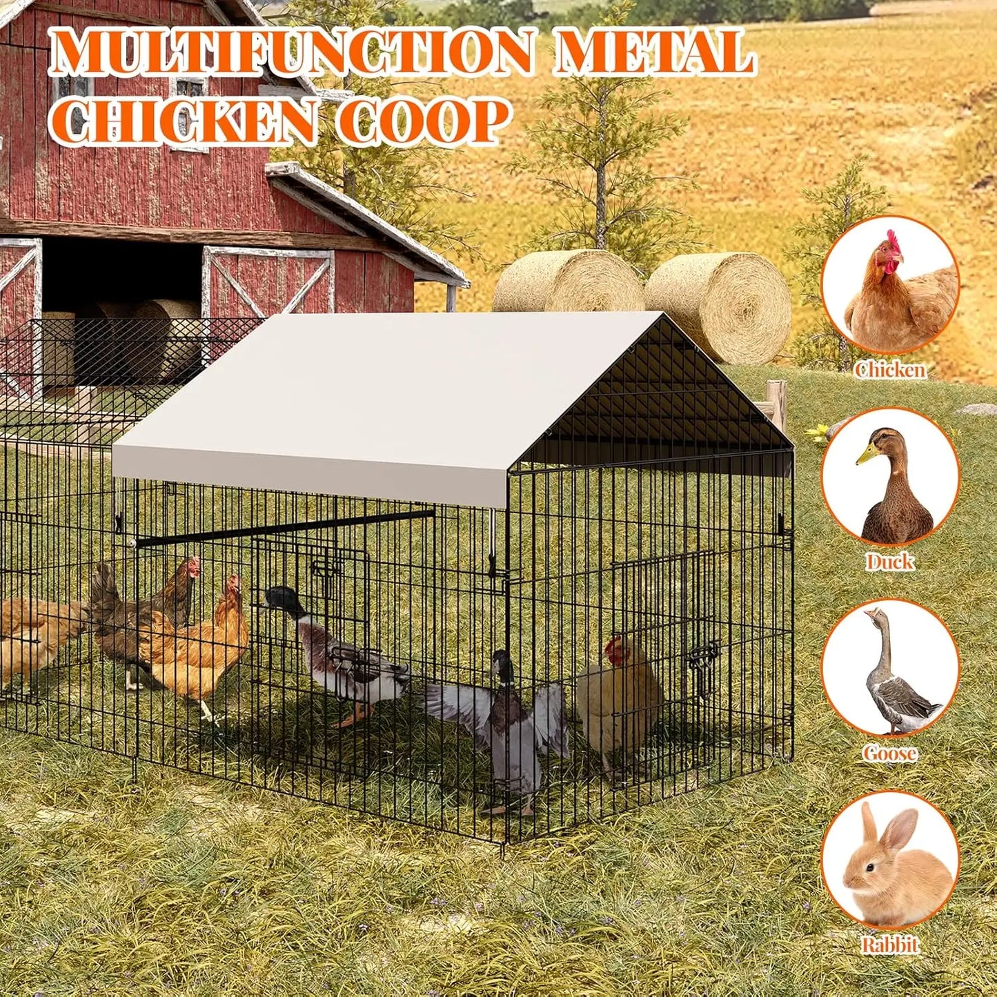 Metal Chicken Coop Portable Poultry Cage Outdoor Backyard Farm Rabbit Duck Chicken Run