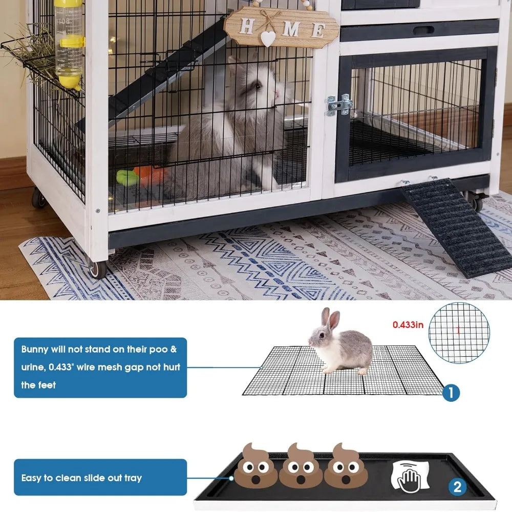 Rabbit Hutch Indoor Bunny Cage Outdoor with Urine Guards Two Storey Mobile Guinea Pig Cage Wire Bottom and Two Trays