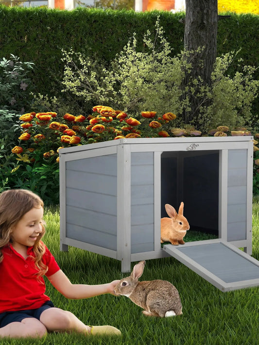 Small Wood Rabbit Hutch Bunny Cage Habitat with Weatherproof Openable Top Door Ramp for Guinea Pigs