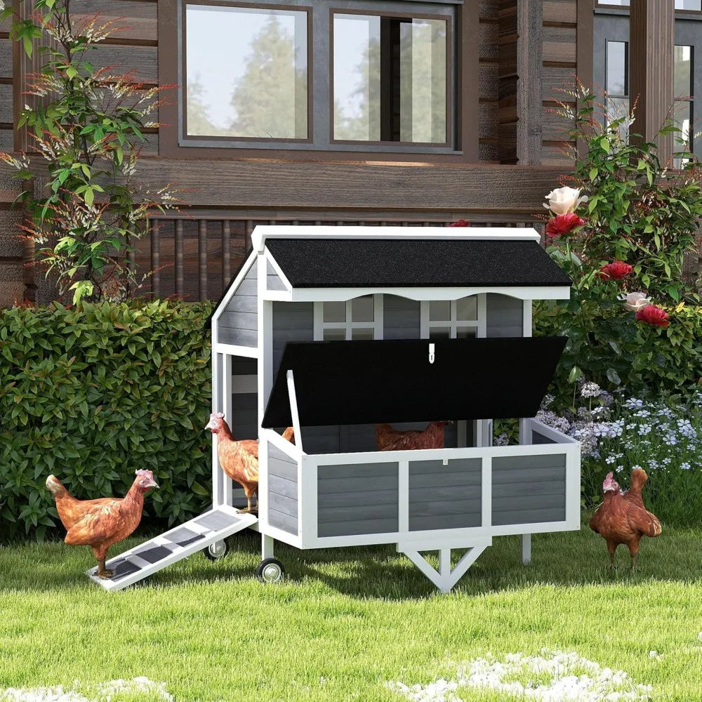 43" Chicken Coop with Wheels Mobile Chicken House with Nesting Box Windows and Perches