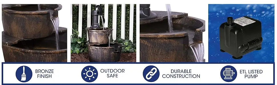 Outdoor Floor Rustic 2-Tiered Barrel and Pump Water Fountain, Old-Fashioned Fountain, 27", Bronze