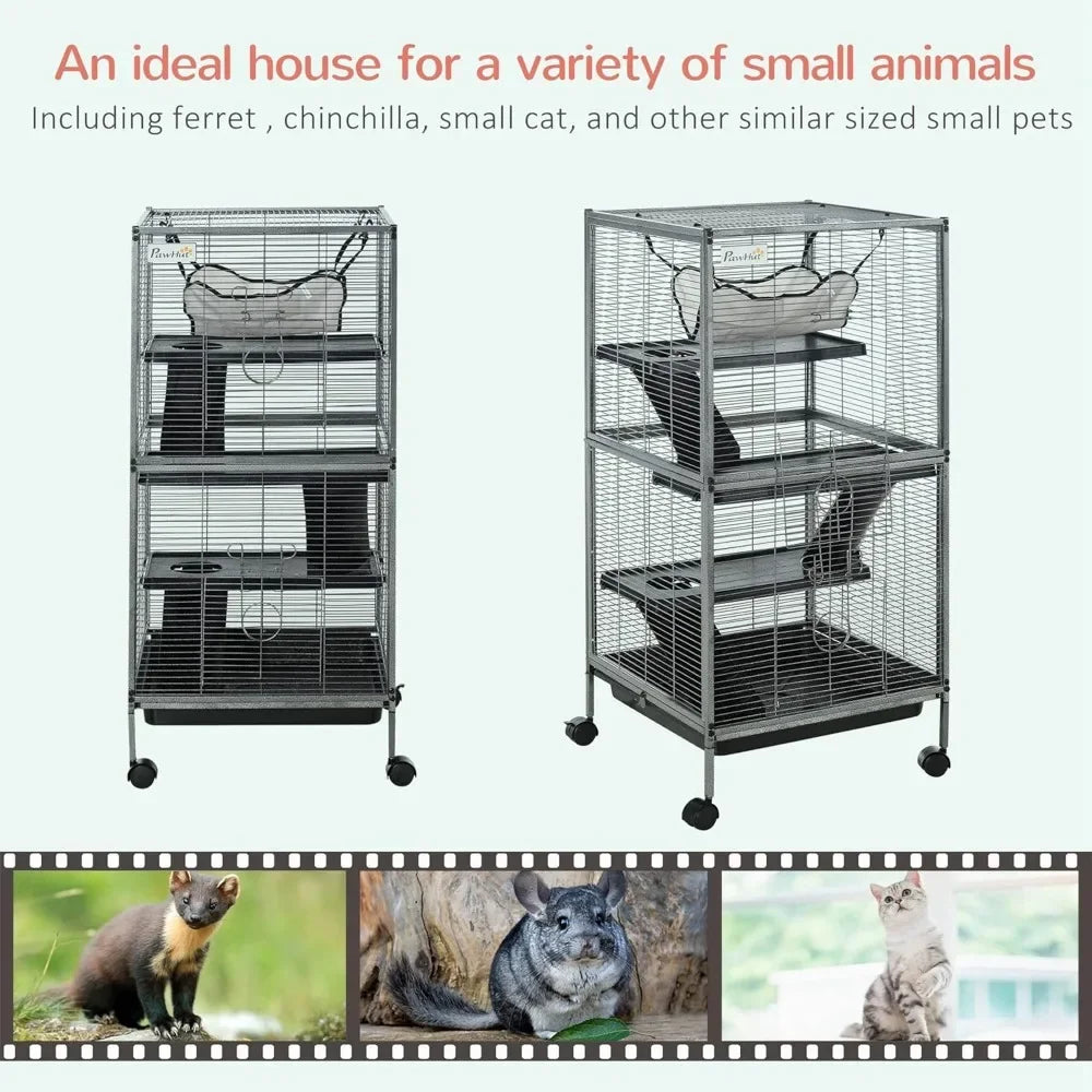 Metal Small Animal Cage Rolling Big For Ferret Chinchilla Sugar Glider With Hammock And 4 Tiers Removable Tray