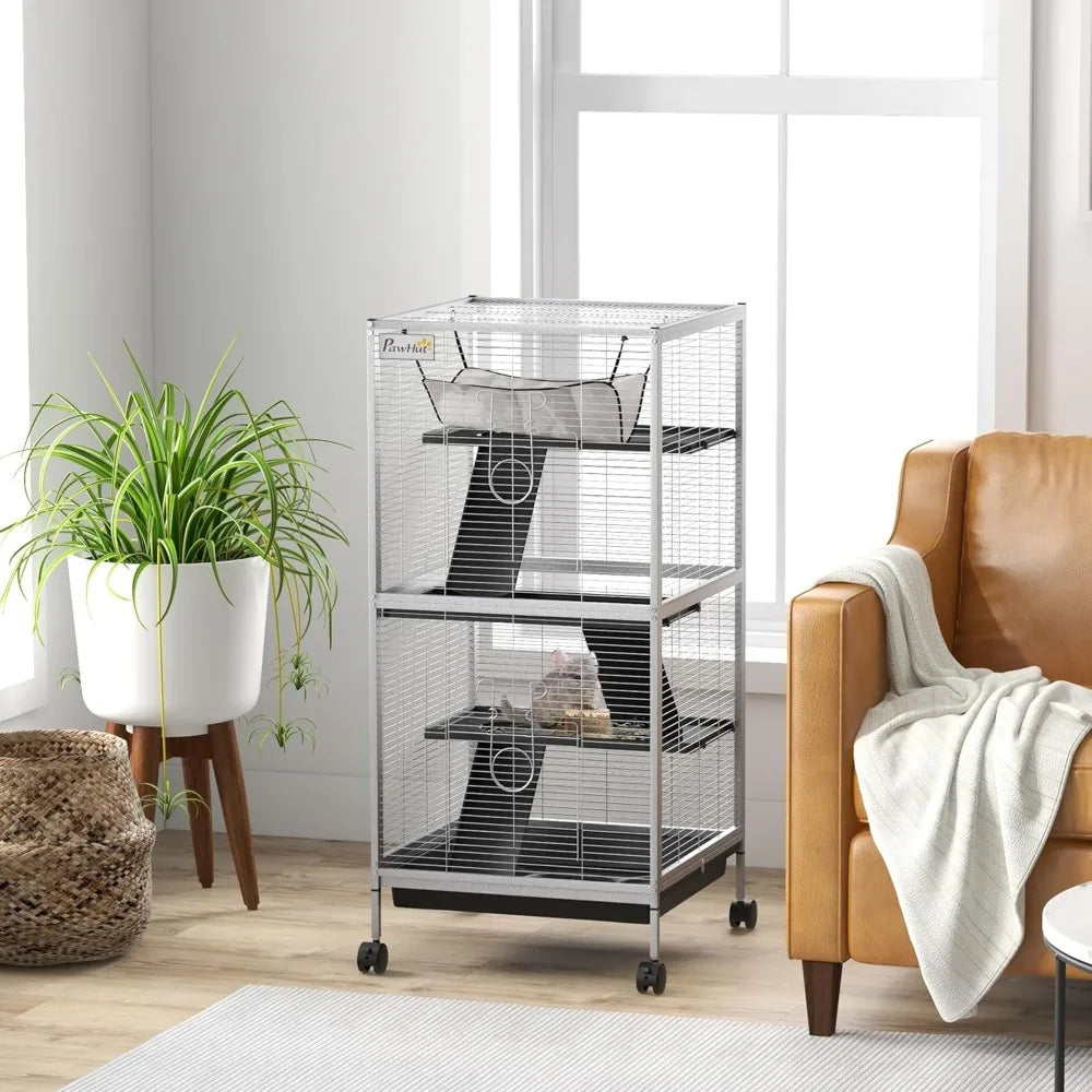 Metal Small Animal Cage Rolling Big for Ferret Chinchilla Sugar Glider With Hammock and 4 Tiers