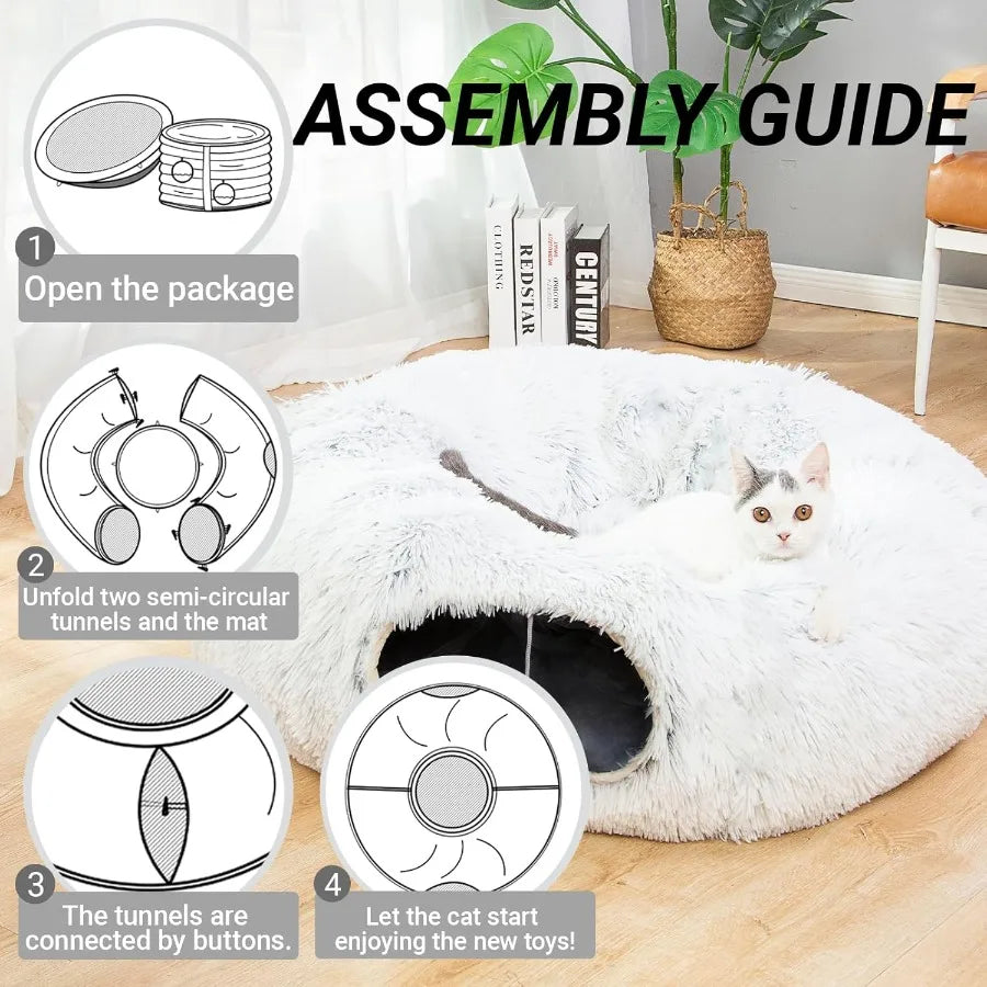 Warm Fluffy Plush Cat Dog Tunnel Bed 3 Ft Diameter Crinkle Collapsible