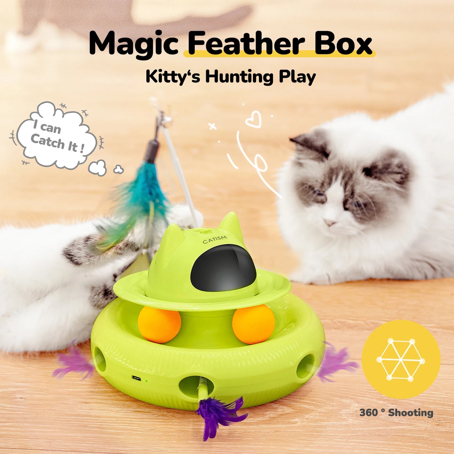 Catism Upgraded Pet Toys KM25 Magic Box Cat Teaser with Base Feather Head Butterfly and Blue Ball