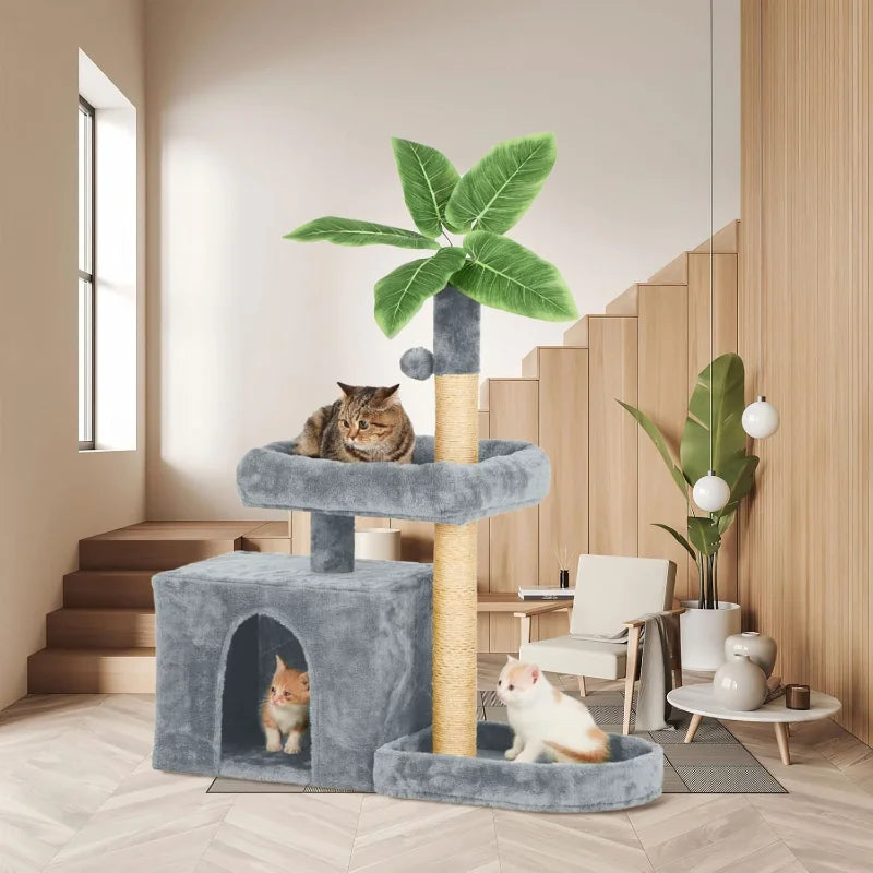31.5" Cat Tree Tower for Indoor with Green Leaves Design