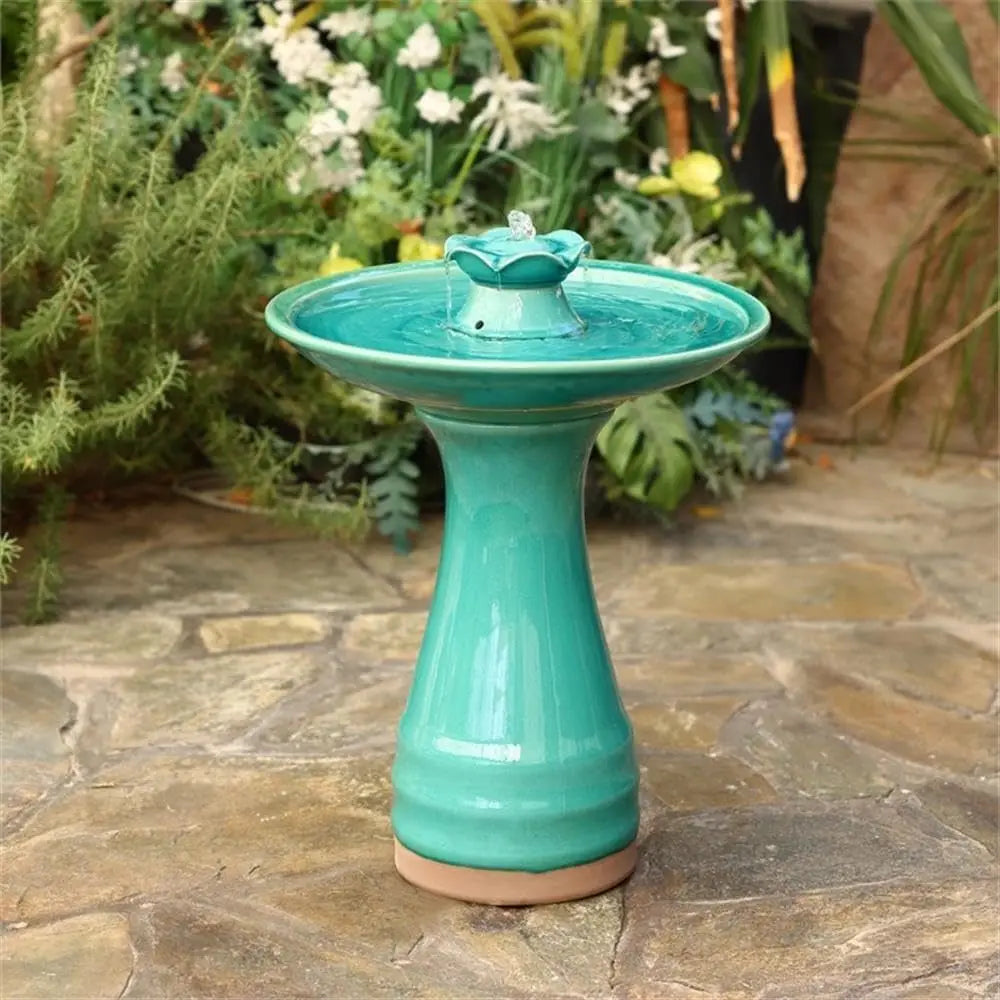 22 Inch Ceramic Bird Bath Fountain Glazed Lotus Waterfall