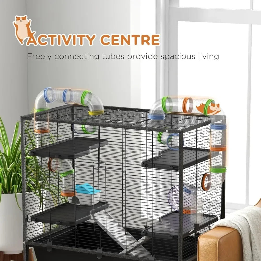 32 Inch Large Hamster Cage with Storage Shelf and Tubes for Syrian Hamster and Gerbils with Running Wheel and Food Dish