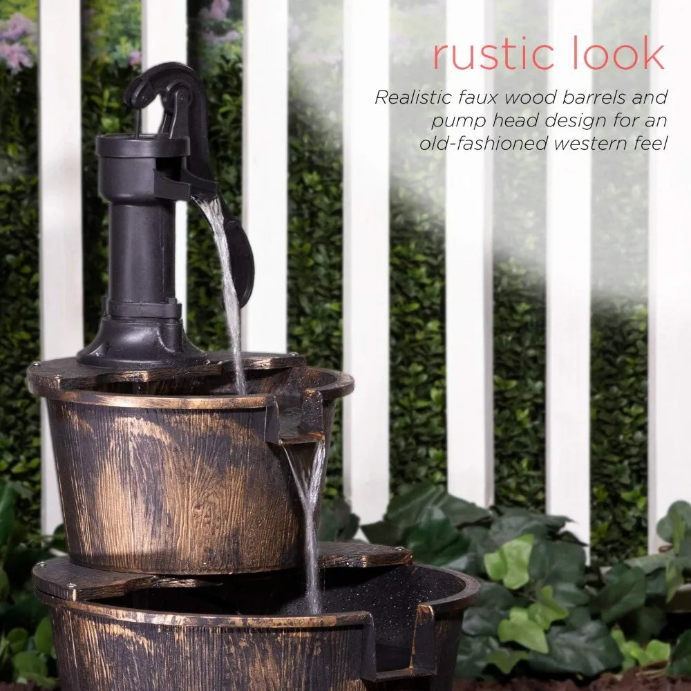 Outdoor Floor Rustic 2-Tiered Barrel and Pump Water Fountain, Old-Fashioned Fountain, 27", Bronze