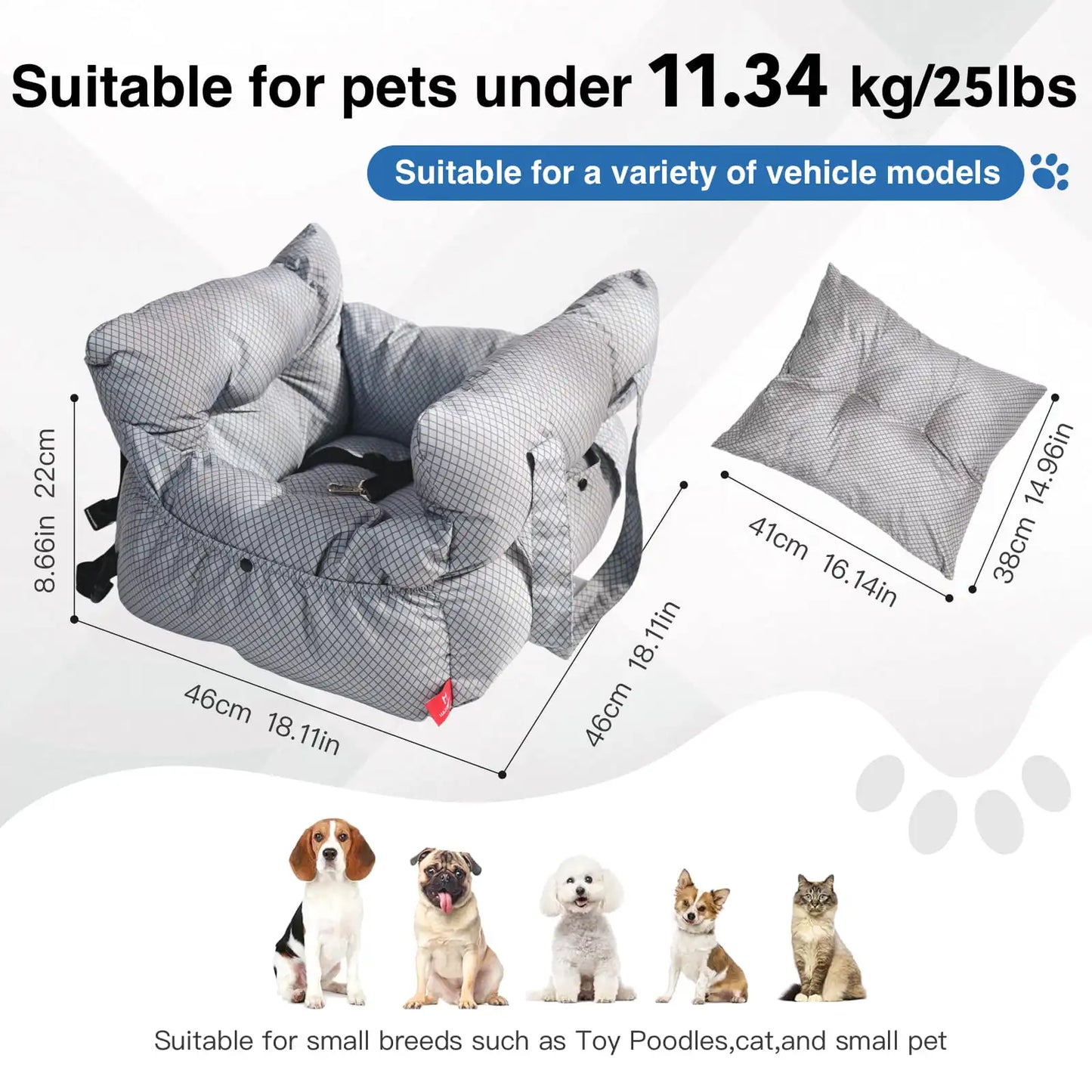 2 In 1 Dog Car Seat Carrier Bag Travel Detachable Handles