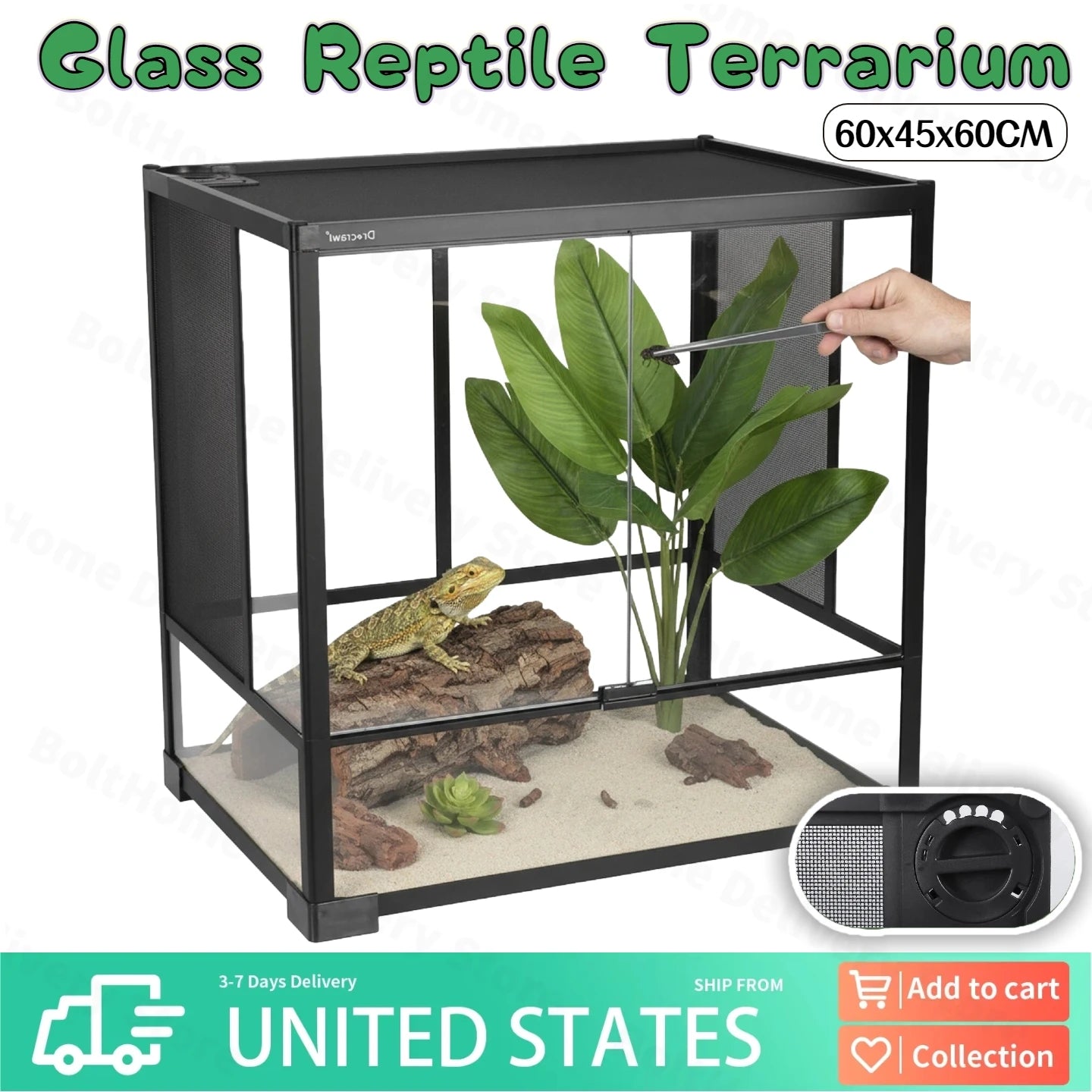 Glass Terrarium Front Reptile Tank With Top Screen Ventilation Escape Proof Lid