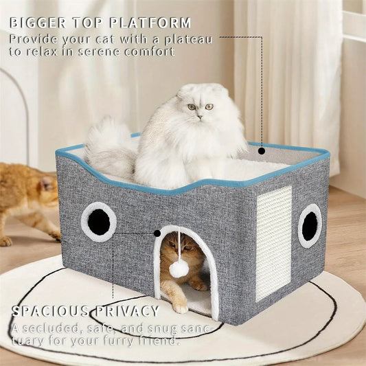 Extra-Wide Cat House for Indoor Cats with Scratch Pad