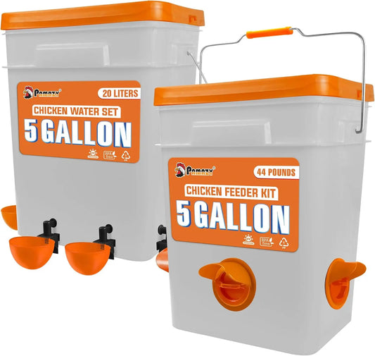 5 Gallon Automatic Chicken Feeder and Waterer Set with No Waste Design Rain Proof Buckets