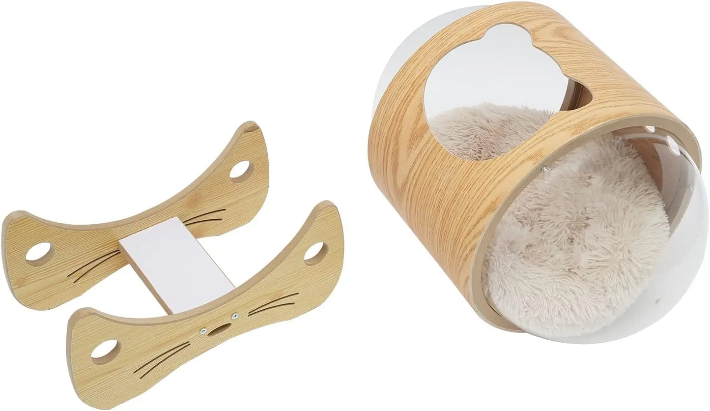 Luxury Cat Pod Bed with Wooden Frame and Acrylic Dome
