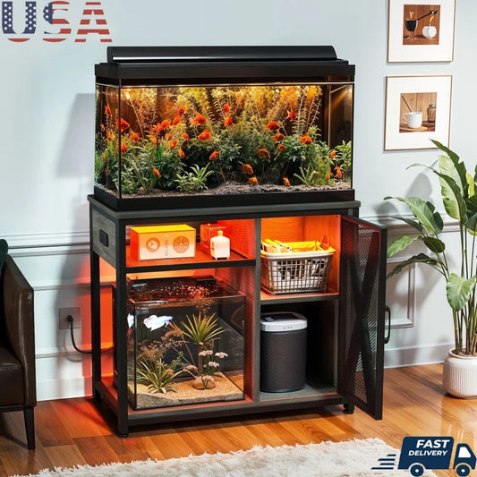 Metal Aquarium Stand With RGB Lighting And Built In Power Outlets For 40 To 50 Gallon Tanks Black Gray Storage Cabinet