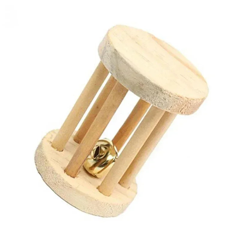Cute Rabbit Roller Toys Natural Wooden Pine Dumbbells Unicycle Bell Chew Toys for Guinea Pigs and Small Pets