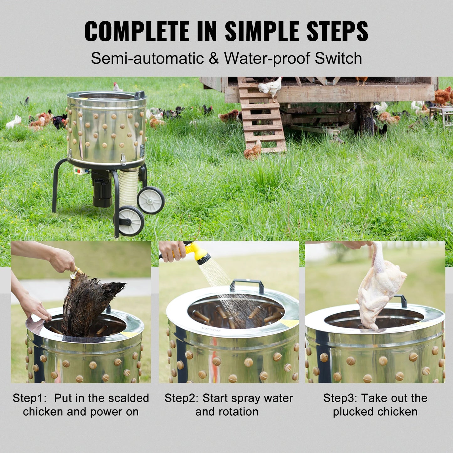 VEVOR Chicken Plucker Machine 20 Inch Diameter Stainless Steel Drum 108 Soft Fingers 500 Watt Poultry Plucking Debris Collection