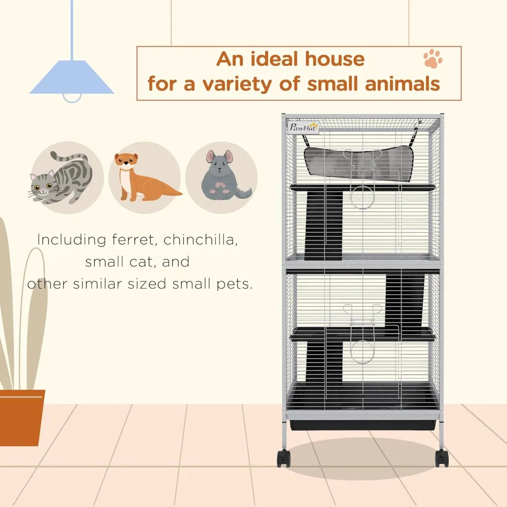 Metal Small Animal Cage Rolling Big for Ferret Chinchilla Sugar Glider With Hammock and 4 Tiers