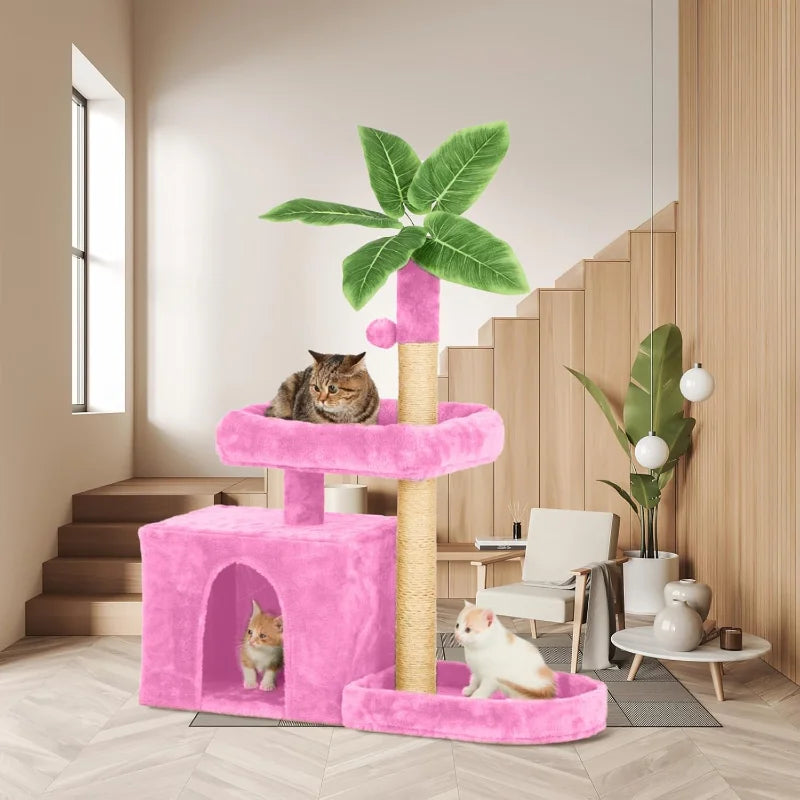 31.5" Cat Tree Tower for Indoor with Green Leaves Design
