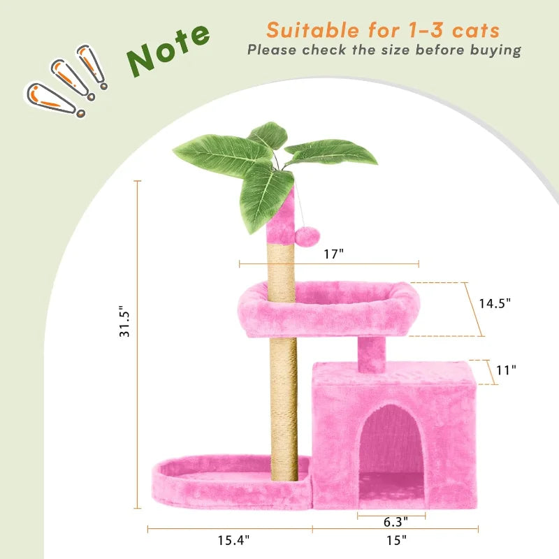 31.5" Cat Tree Tower for Indoor with Green Leaves Design