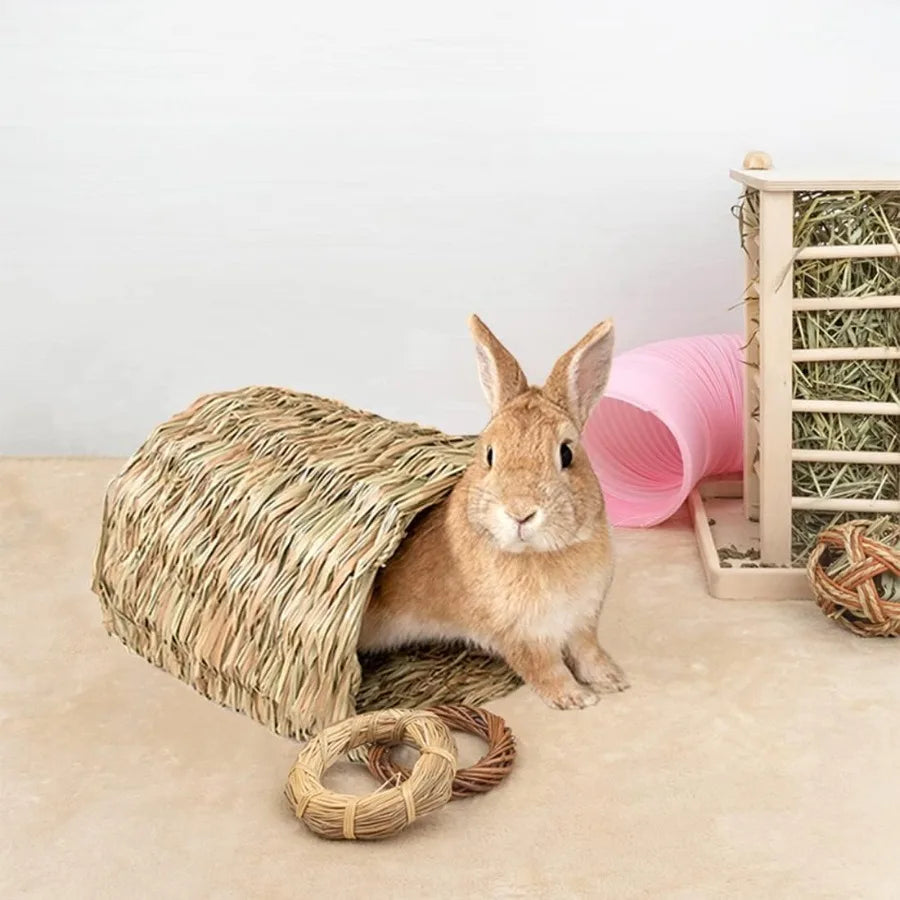 Hamiledyi Rabbit Grass TunnelRabbit Grass Bed Natural Straw Woven Mat Winter Warm Hideaway Hut for Bunny Gerbil Ferrets Chinchi