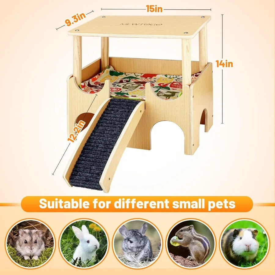 Large Wooden Guinea Pig Hideout 2 Tier Castle With Stairs
