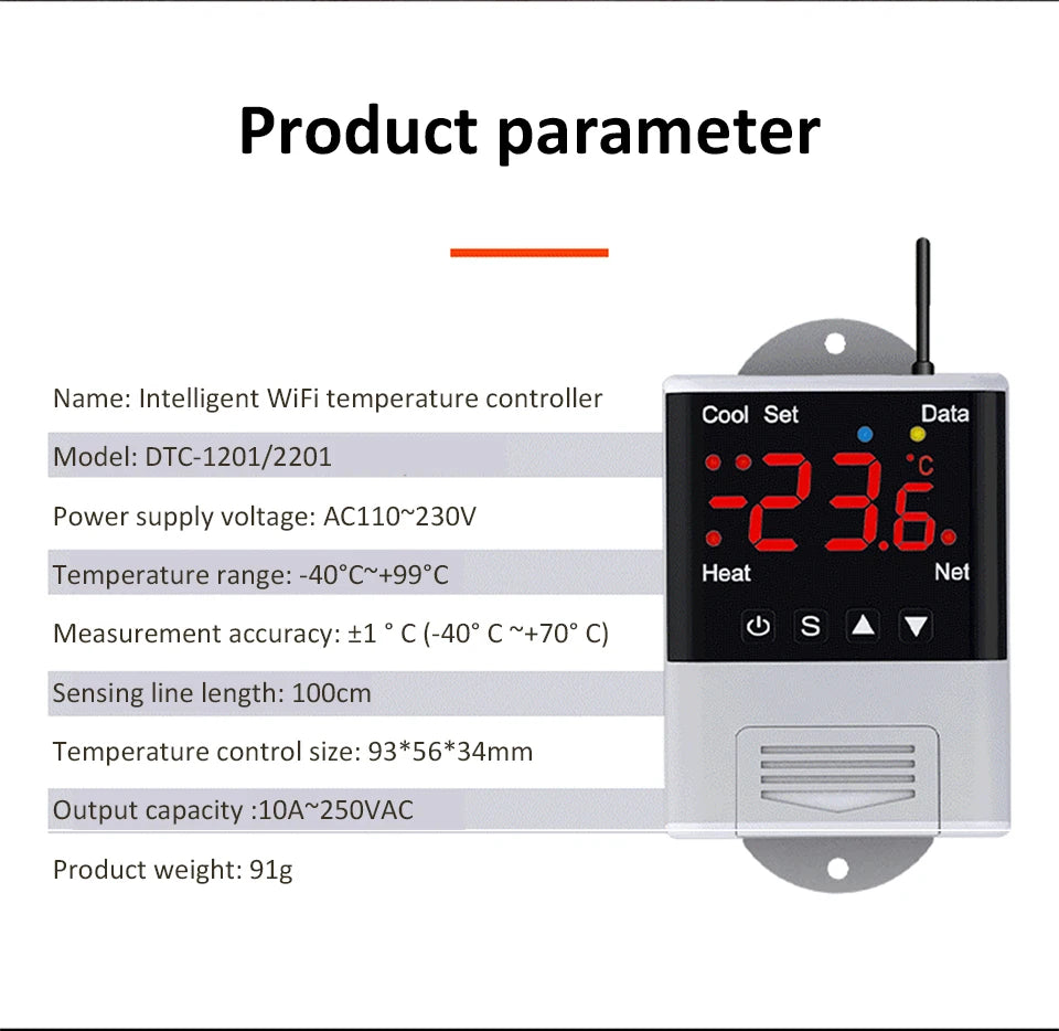 Smart Thermostat AC110~230V WiFi Digit Temperature Controller -40-99℃ Heating Cooling Thermostat forReptile/Incubator/Greenhouse
