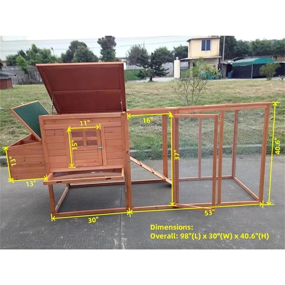 Large 95 Inch Deluxe Solid Wood Chicken Coop House with Run and Nesting Box