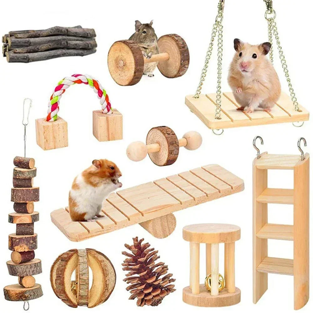 Cute Rabbit Roller Toys Natural Wooden Pine Dumbbells Unicycle Bell Chew Toys for Guinea Pigs and Small Pets