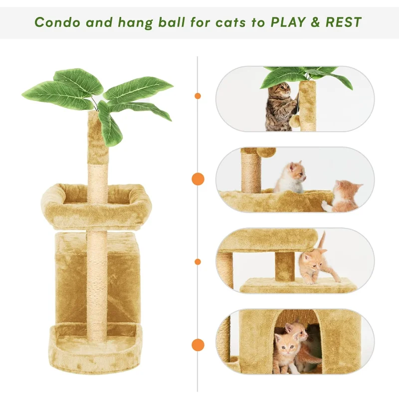 31.5" Cat Tree Tower for Indoor with Green Leaves Design