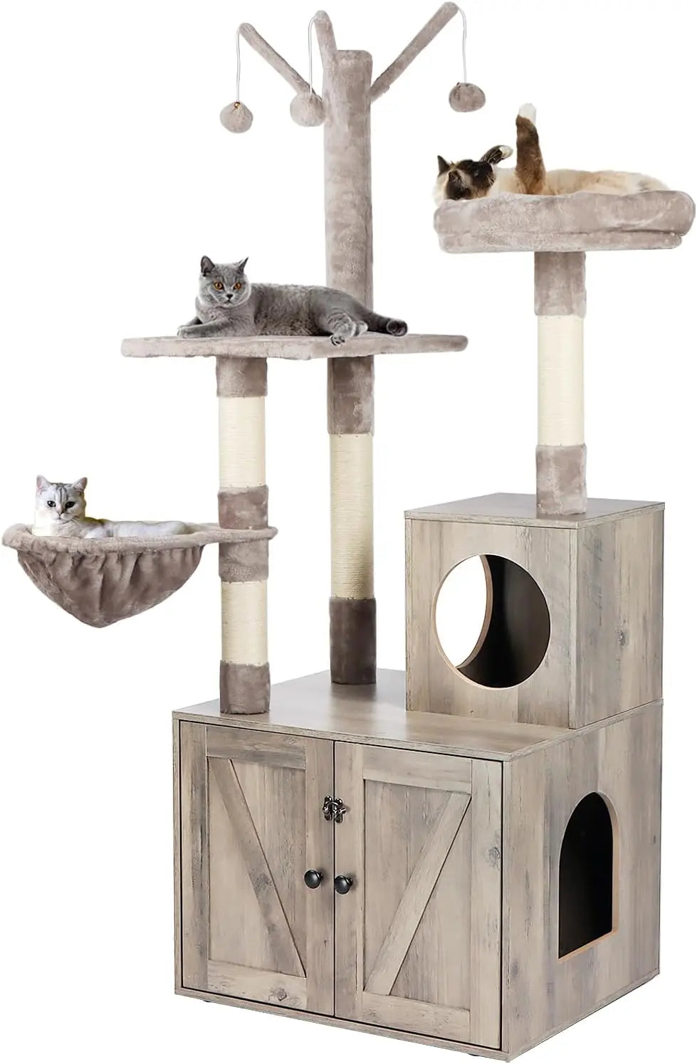 Litter Box Enclosure with Cat Tree and Wooden Furniture