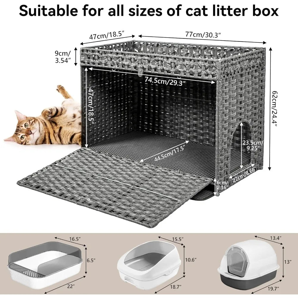 Hidden Litter Box Furniture For Large Cats Handwoven Rattan Pet House With Door Modern Grey By Doveaid