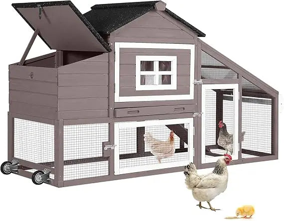 Mobile Wooden Chicken Coop with Run and Nesting Box Movable Poultry Cage for Outdoor Use