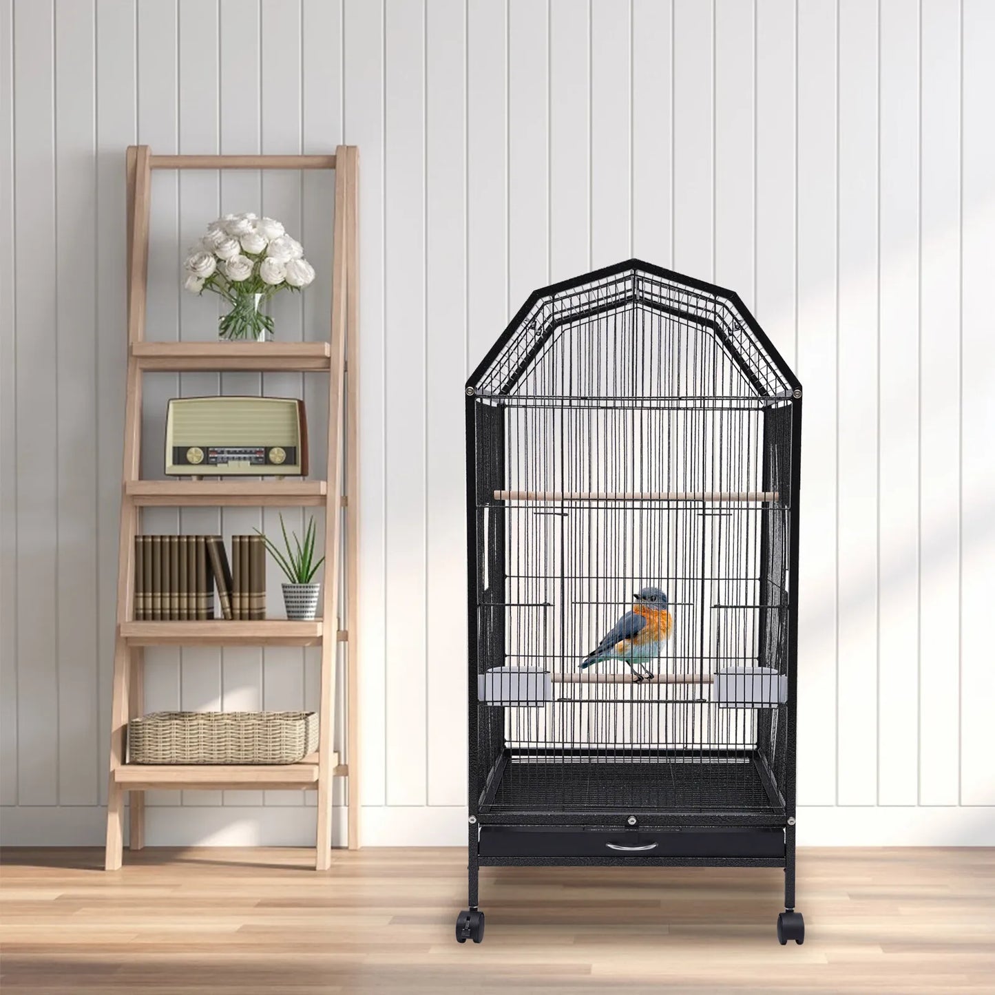 Large Bird Cage With Rolling Stand Skylight Wheels Play Top Cockatiel Parakeet
