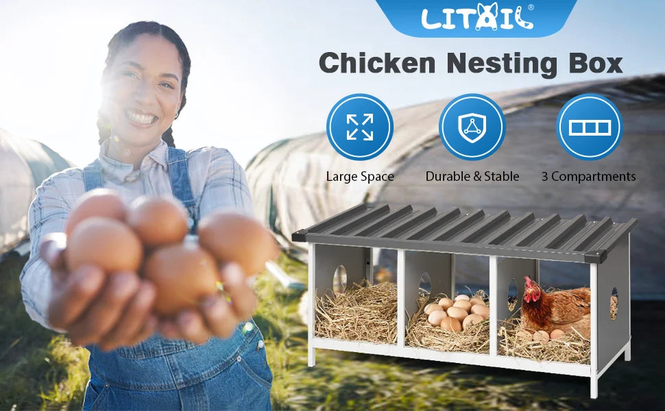 3 Compartments Nesting Box, 3 Rooms Metal Nesting Box Chickens Egg Laying Nest Boxes for Hens