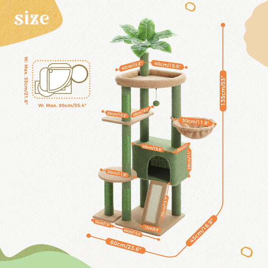 Multi Level Cat Tree for Indoor Cactus Cat Tower with Sisal Scratching Posts Large Condo and Deep Hammock Cat Accessories