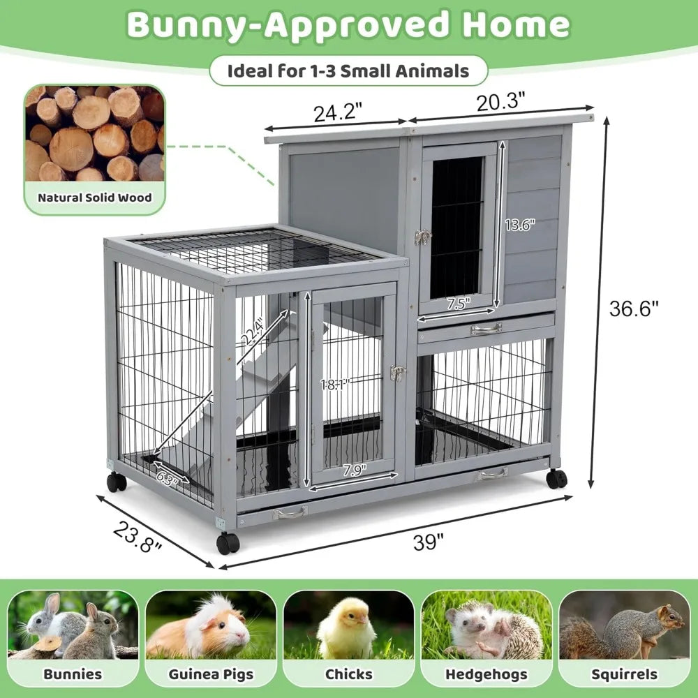Rabbit Hutch Indoor Outdoor Bunny Cage 39" L Large 2-Story Wooden Enclosure with Wheels